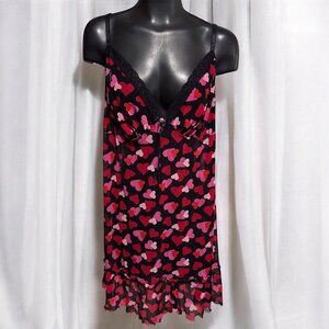 Cacique Intimates Womens Plus Size 14/16 Black Mesh Chemise Slip Pink Red Hearts